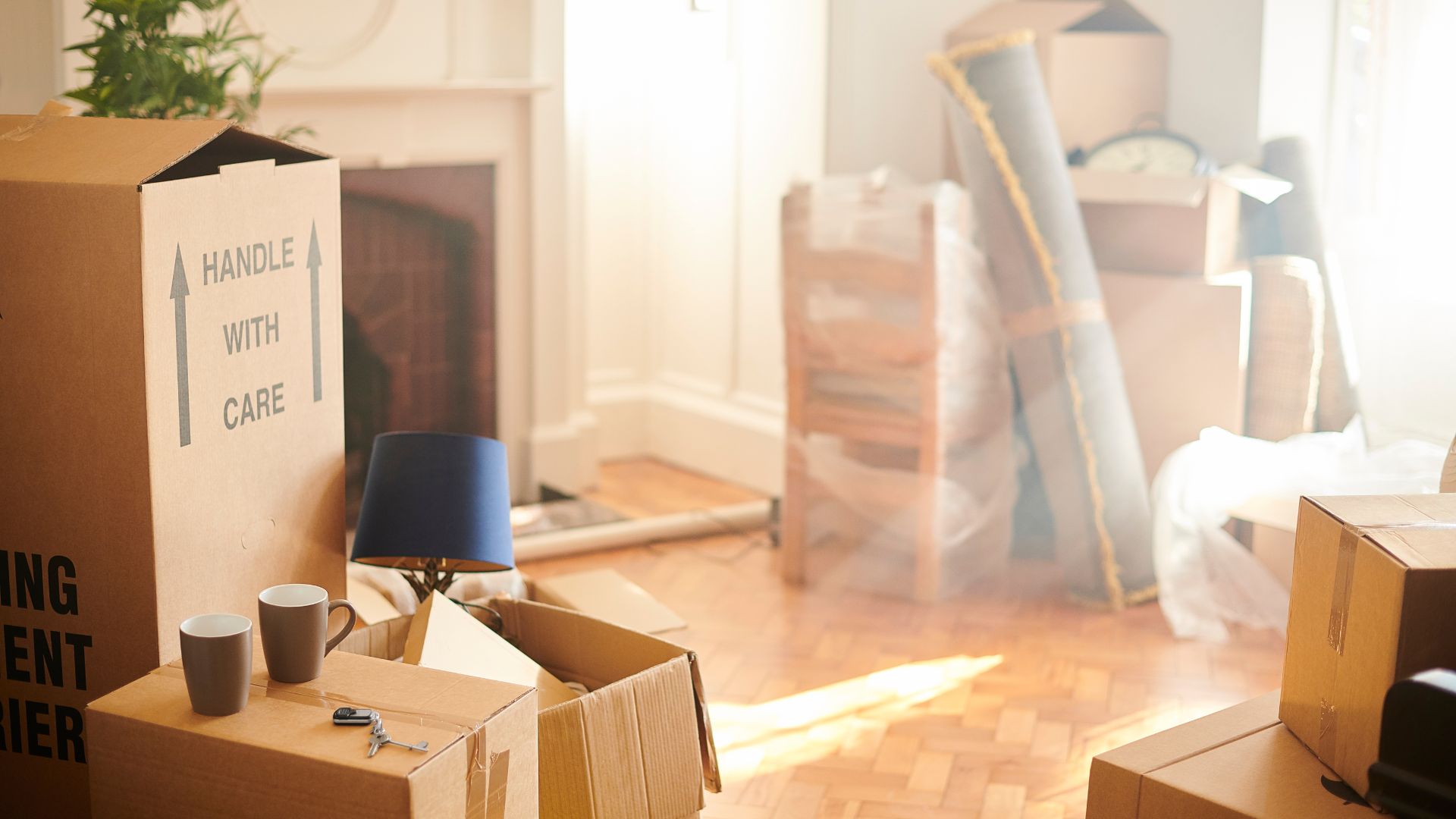 Moving boxes, mugs, and lamp in sunlit room during relocation process
